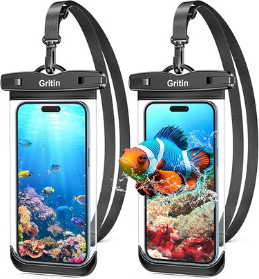 Gritin Funda Impermeable Móvil, 2 Unidades IPX8 Universal Bolsa para Móvil Agua con Cuerda Ajustable - Alta Sensibilidad Funda Acuatica Movil para Todos los Celular hasta 7.2